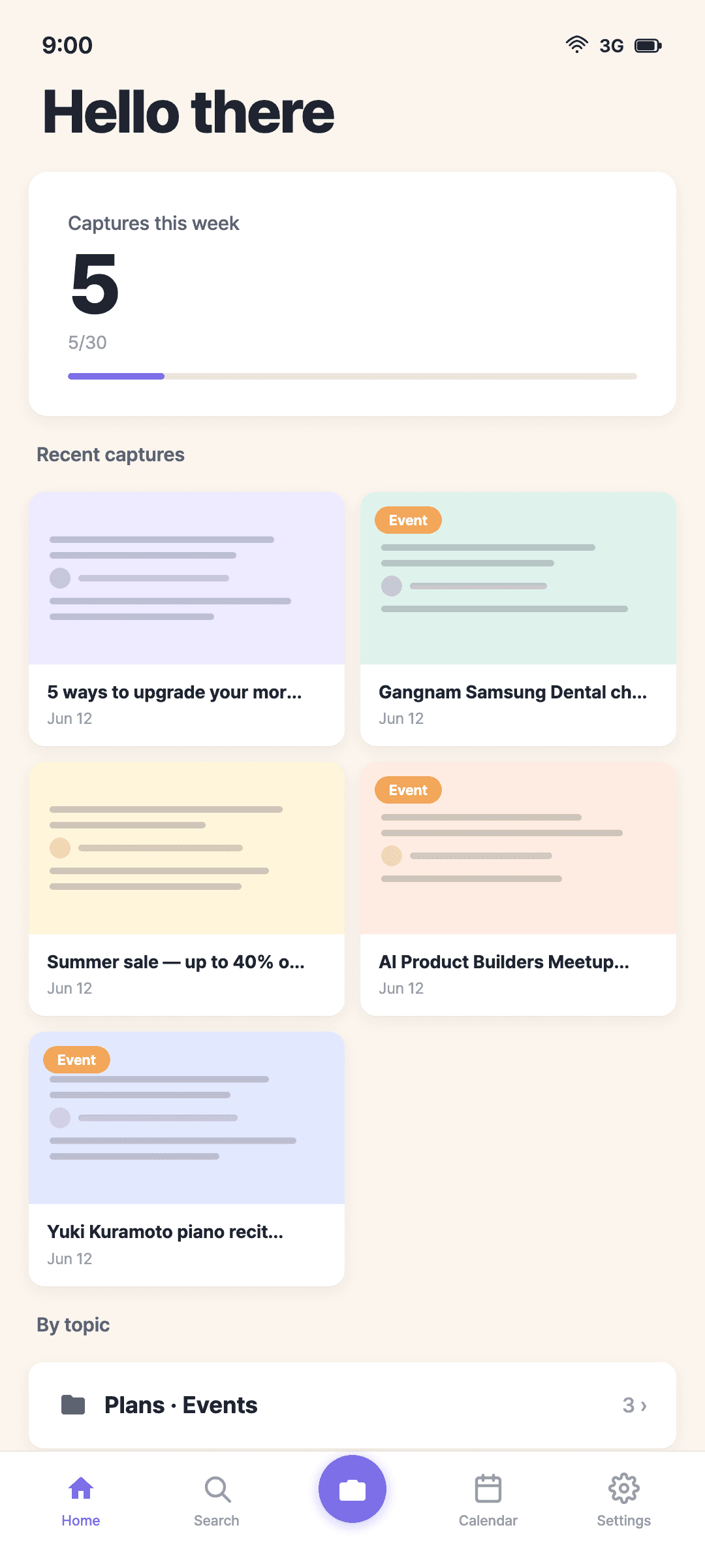 Memsum home screen — this week’s screenshots auto-sorted into cards