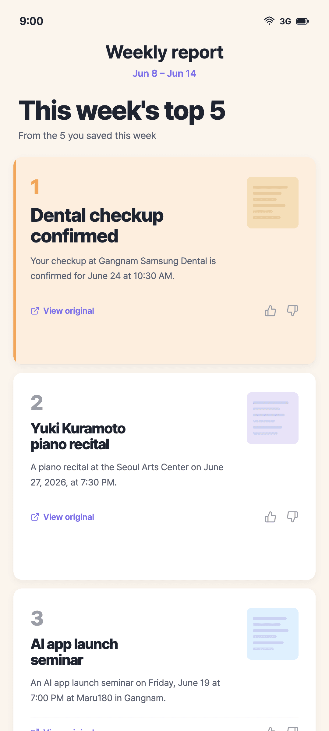 Memsum weekly recap screen — this week’s 5 highlights shown in 5 lines